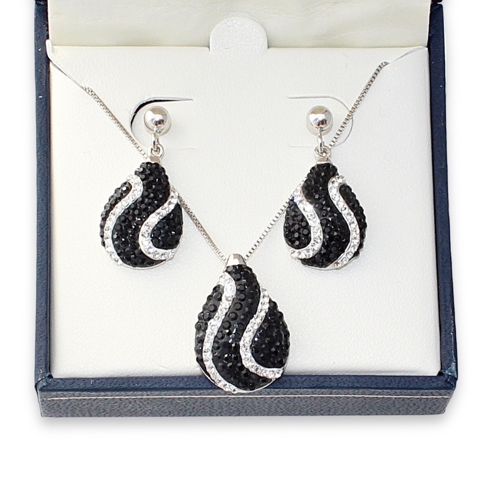 Estate Sterling Silver Pendant Necklace and Earrings Set Pavé Black Rhinestone
